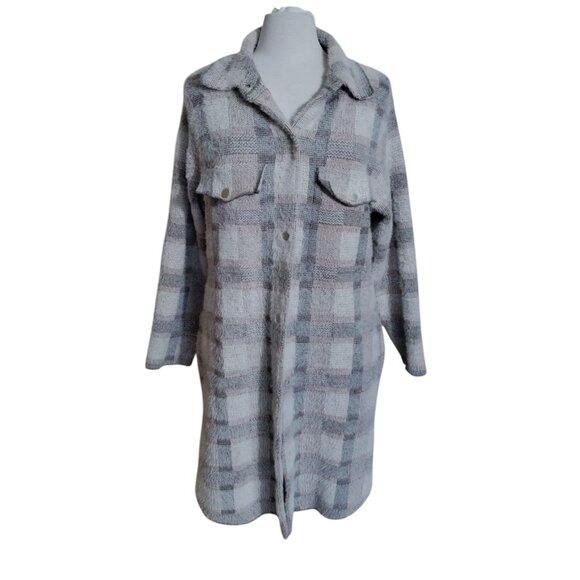 ANTHROPOLOGIE PILCRO ELIZA Eyelash Sweater Shacket Gray Motif Plaid Women's M - Picture 1 of 11